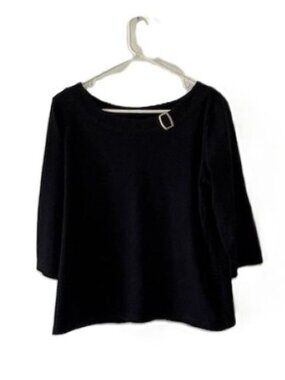 Kim Rogers Black Cotton Top with 3/4 Sleeves and Buckle Adornment